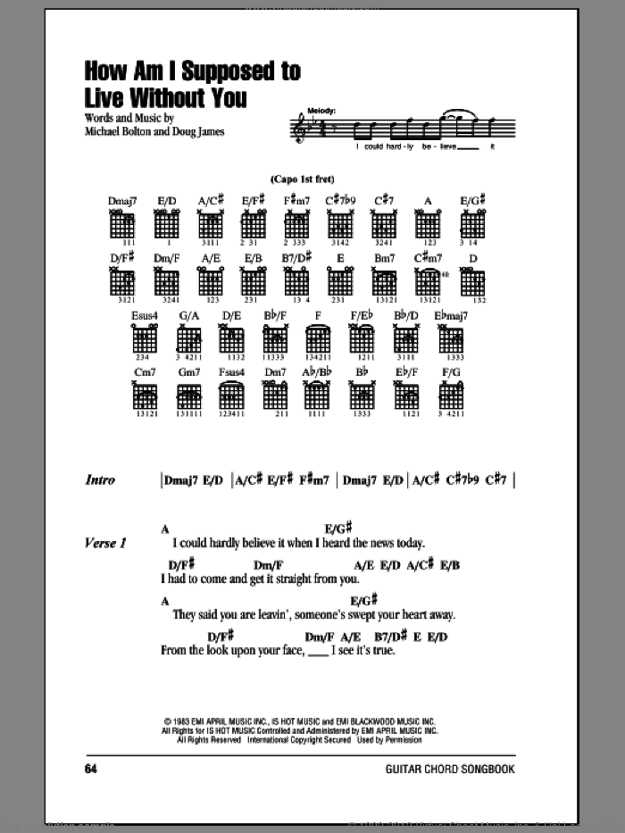 How Am I Supposed To Live Without You sheet music for guitar (chords) by Michael Bolton and Doug James, intermediate skill level