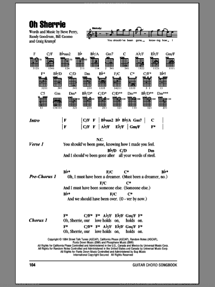 Oh Sherrie sheet music for guitar (chords) by Steve Perry, Bill Cuomo, Craig Krampf and Randy Goodrum, intermediate skill level