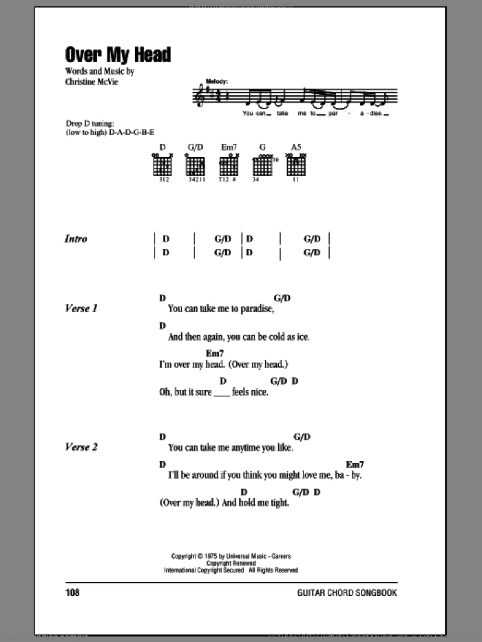 Over My Head sheet music for guitar (chords) by Fleetwood Mac and Christine McVie, intermediate skill level