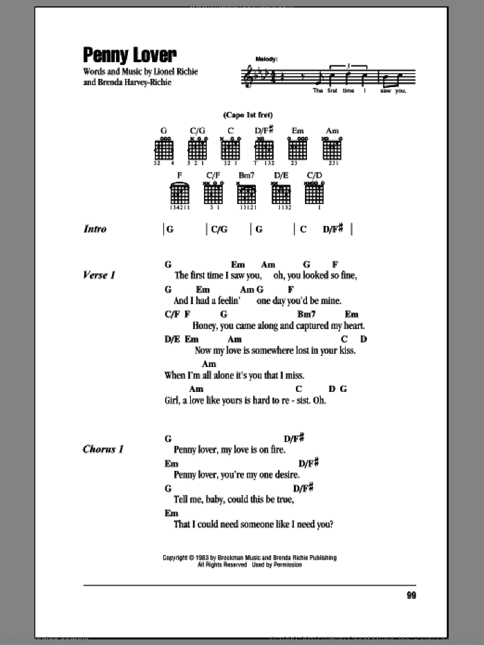 Penny Lover sheet music for guitar (chords) by Lionel Richie and Brenda Harvey-Richie, intermediate skill level