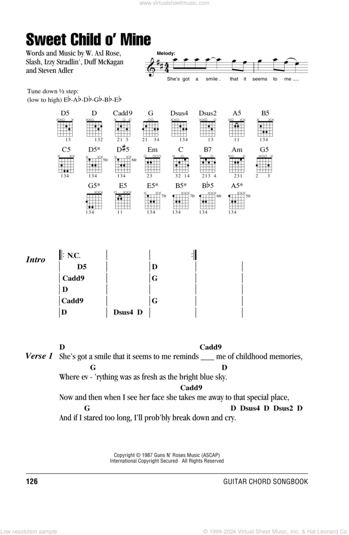 Sweet Child O' Mine sheet music for guitar (chords) by Guns N' Roses, Axl Rose, Duff McKagan, Slash and Steven Adler, intermediate skill level