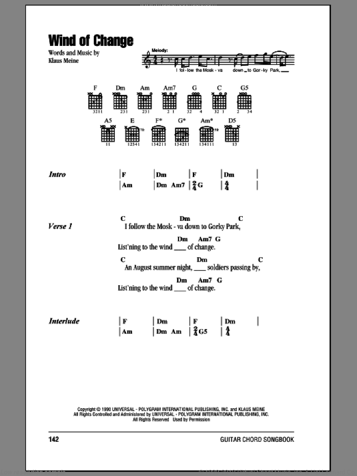 Wind Of Change sheet music for guitar (chords) by Scorpions and Klaus Meine, intermediate skill level
