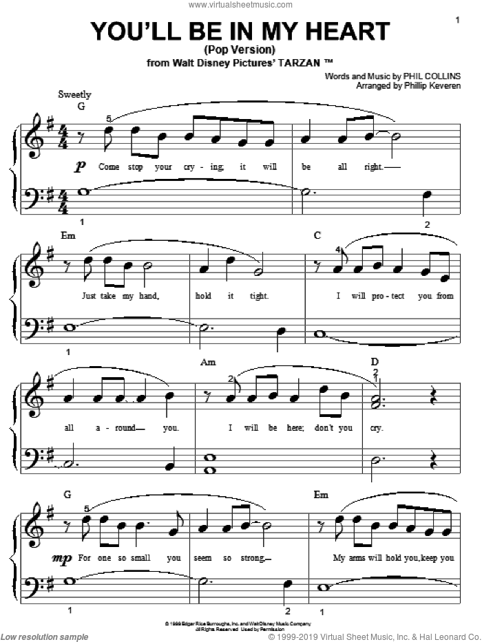 You'll Be In My Heart (Pop Version) (arr. Phillip Keveren) sheet music for piano solo (big note book) by Phil Collins and Phillip Keveren, easy piano (big note book)
