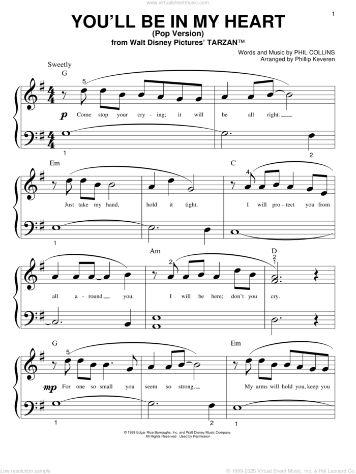 You'll Be In My Heart (from Tarzan) (arr. Phillip Keveren) sheet music for piano solo (big note book) by Phil Collins and Phillip Keveren, easy piano (big note book)