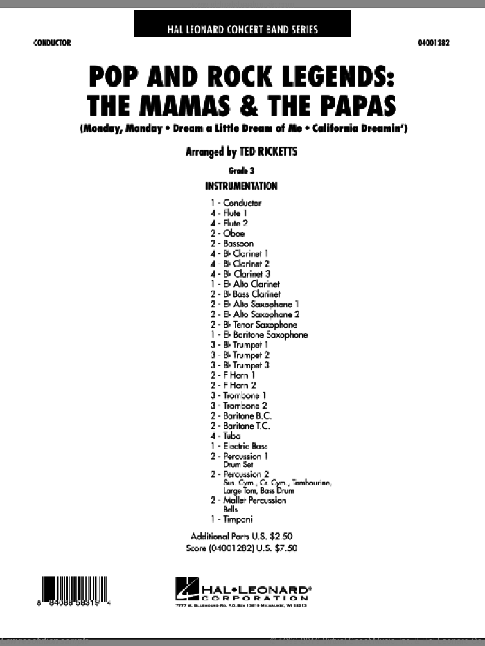 Pop And Rock Legends: The Mamas and The Papas (COMPLETE) sheet music for concert band by Ted Ricketts and The Mamas & The Papas, intermediate skill level