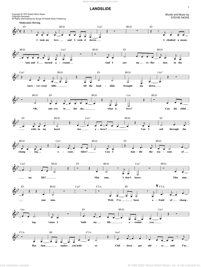 Landslide sheet music for voice and other instruments (fake book) by Fleetwood Mac and Stevie Nicks, intermediate skill level