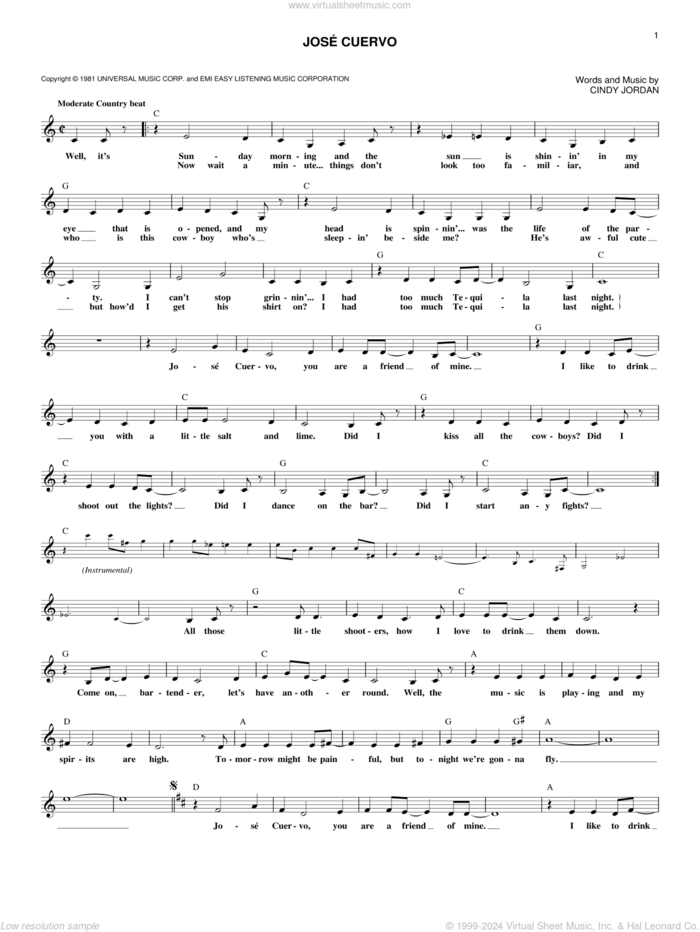 Jose Cuervo sheet music for voice and other instruments (fake book) by Shelly West and Cindy Jordan, intermediate skill level