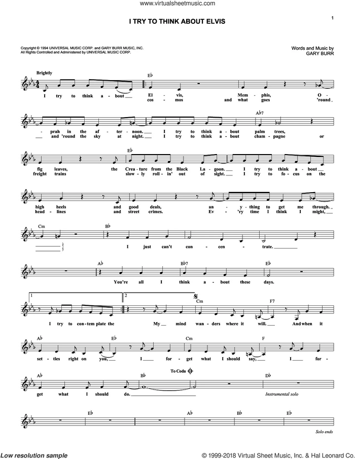 I Try To Think About Elvis sheet music for voice and other instruments (fake book) by Patty Loveless and Gary Burr, intermediate skill level