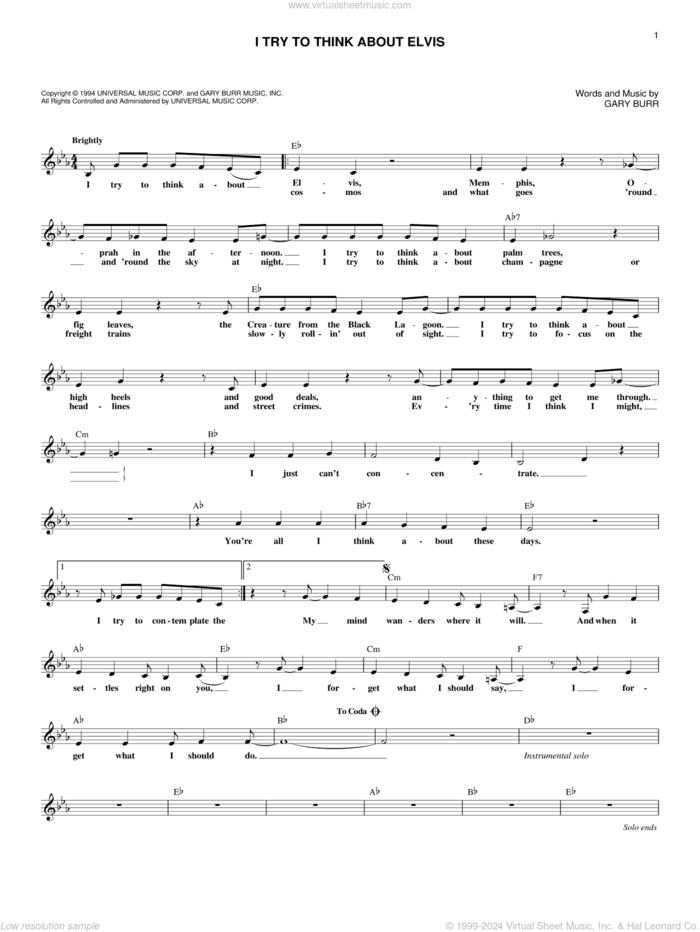 I Try To Think About Elvis sheet music for voice and other instruments (fake book) by Patty Loveless and Gary Burr, intermediate skill level