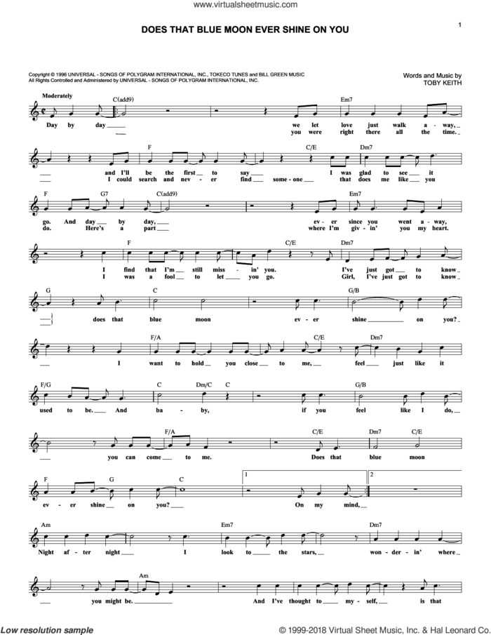 Does That Blue Moon Ever Shine On You sheet music for voice and other instruments (fake book) by Toby Keith, intermediate skill level