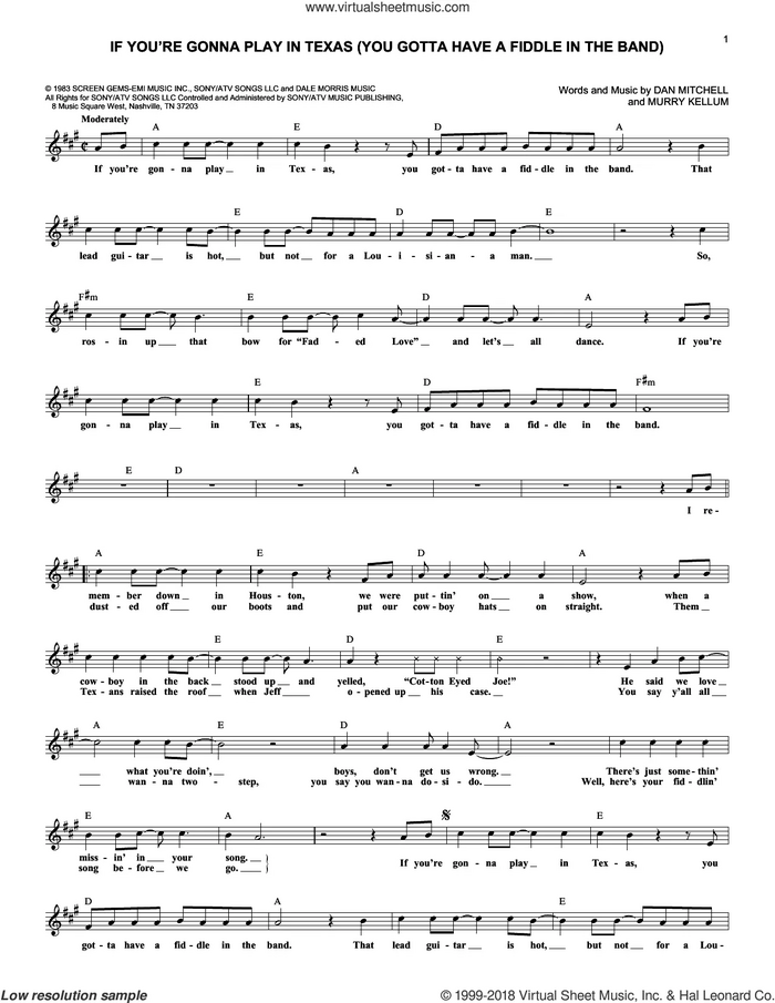If You're Gonna Play In Texas (You Gotta Have A Fiddle In The Band) sheet music for voice and other instruments (fake book) by Alabama, Dan Mitchell and Murry Kellum, intermediate skill level