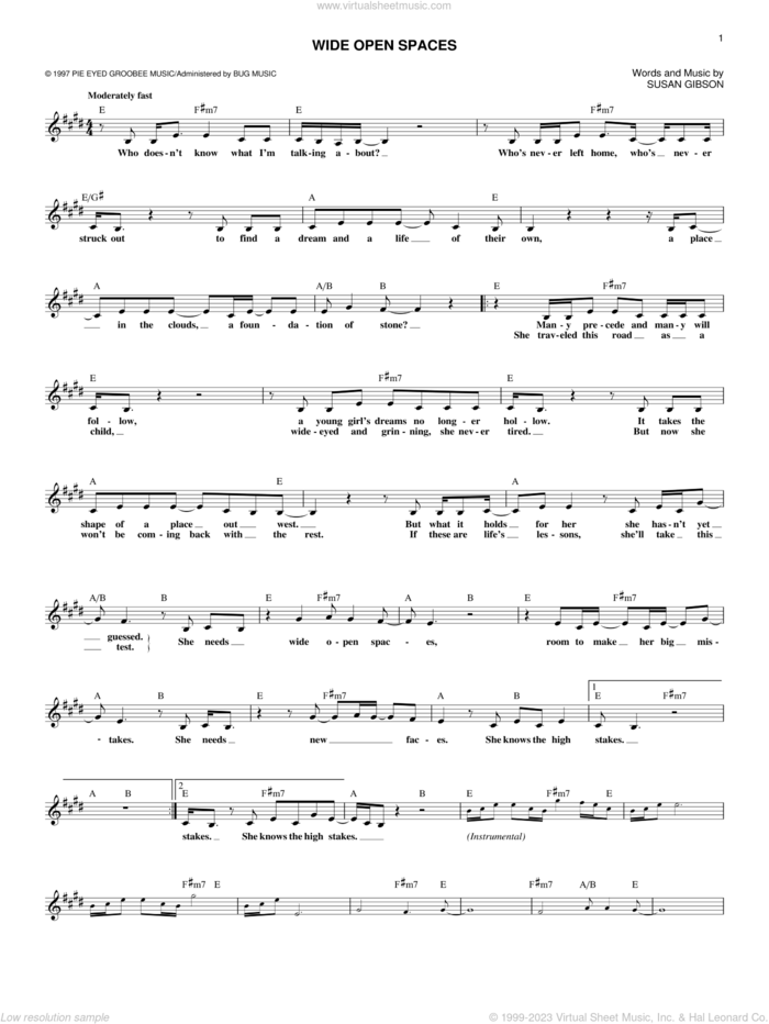 Wide Open Spaces sheet music for voice and other instruments (fake book) by The Chicks, Dixie Chicks and Susan Gibson, intermediate skill level
