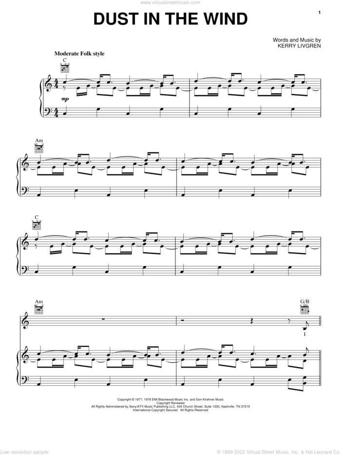 Dust In The Wind sheet music for voice, piano or guitar by Kansas and Kerry Livgren, intermediate skill level