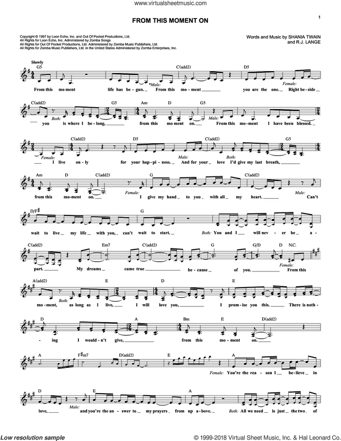 From This Moment On sheet music for voice and other instruments (fake book) by Shania Twain and Robert John Lange, wedding score, intermediate skill level