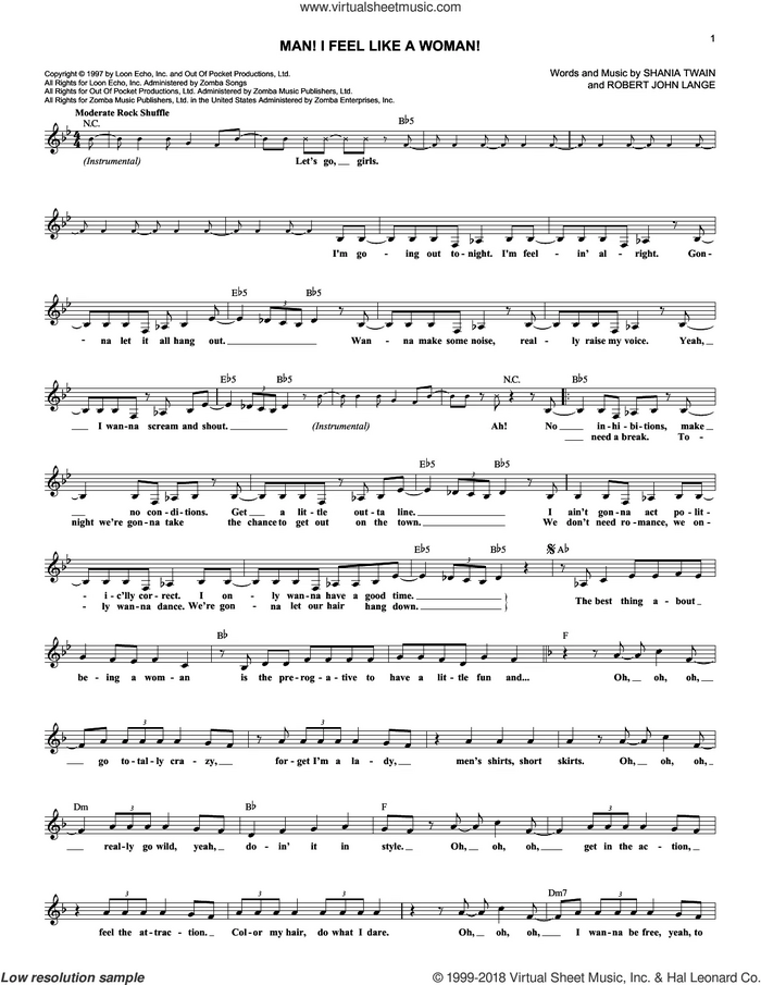 Man! I Feel Like A Woman! sheet music for voice and other instruments (fake book) by Shania Twain and Robert John Lange, intermediate skill level
