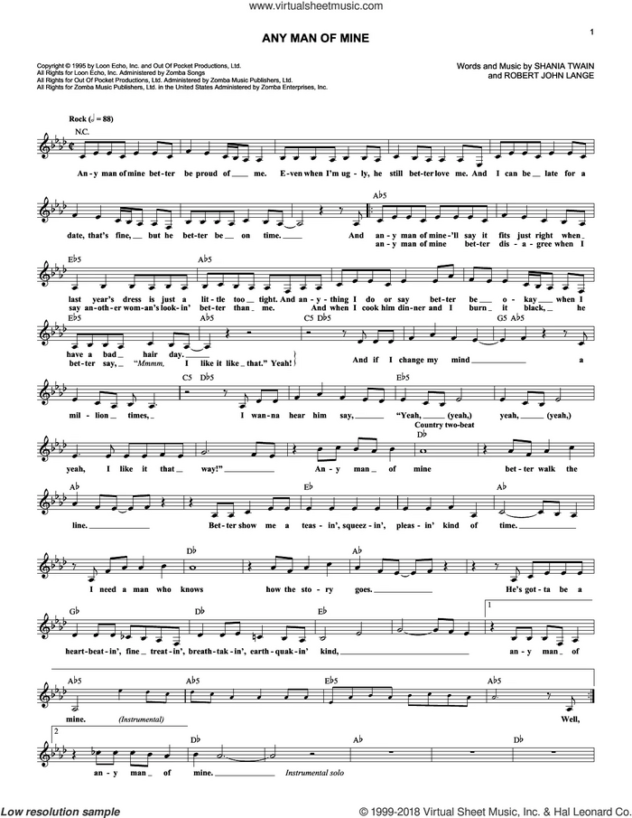 Any Man Of Mine sheet music for voice and other instruments (fake book) by Shania Twain and Robert John Lange, intermediate skill level