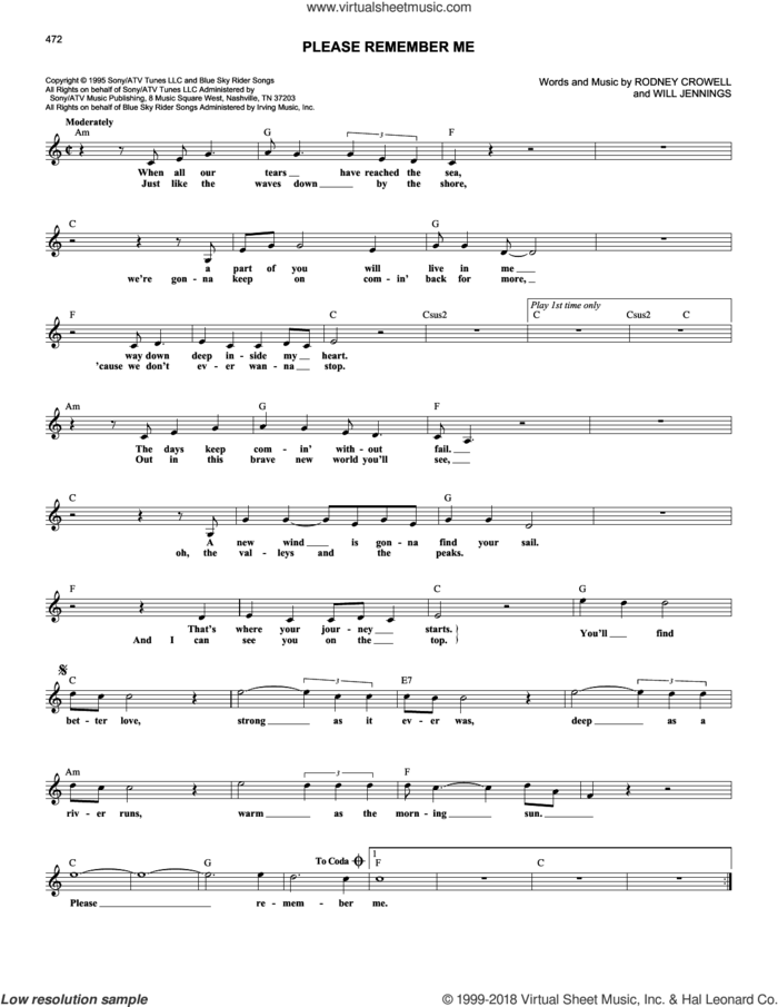 Please Remember Me sheet music for voice and other instruments (fake book) by Tim McGraw, Rodney Crowell and Will Jennings, intermediate skill level