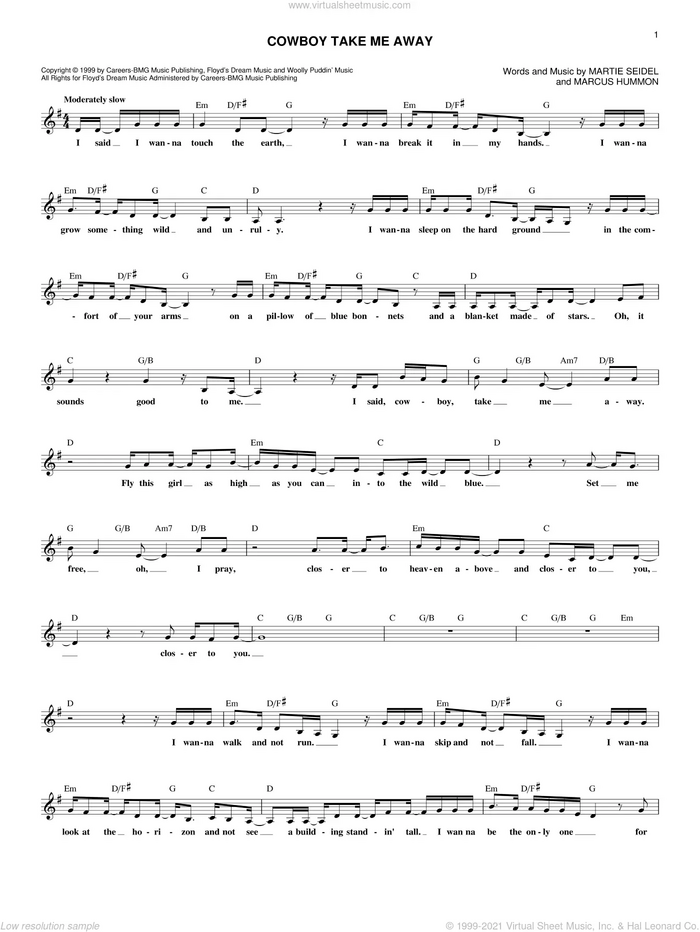 Cowboy Take Me Away sheet music for voice and other instruments (fake book) by The Chicks, Dixie Chicks, Marcus Hummon and Martie Seidel, intermediate skill level