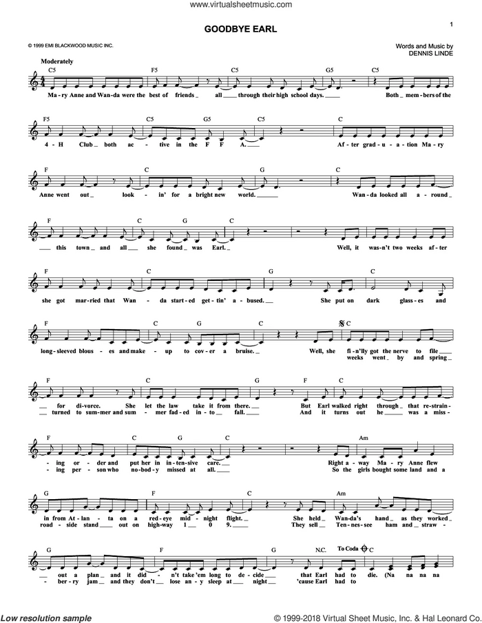 Goodbye Earl sheet music for voice and other instruments (fake book) by The Chicks, Dixie Chicks and Dennis Linde, intermediate skill level