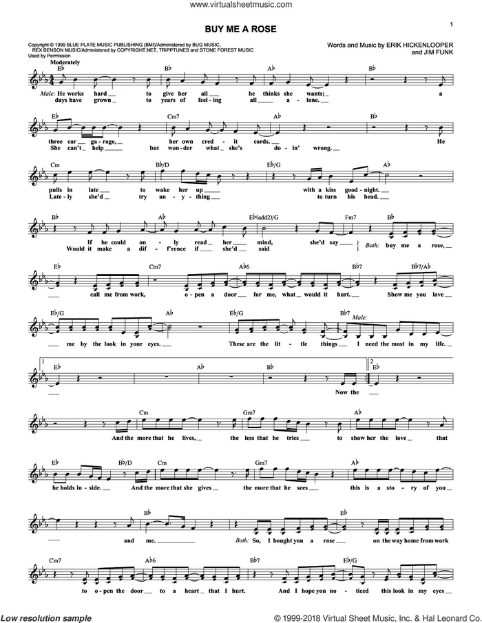 Buy Me A Rose sheet music for voice and other instruments (fake book) by Kenny Rogers, Erik Hickenlooper and Jim Funk, intermediate skill level
