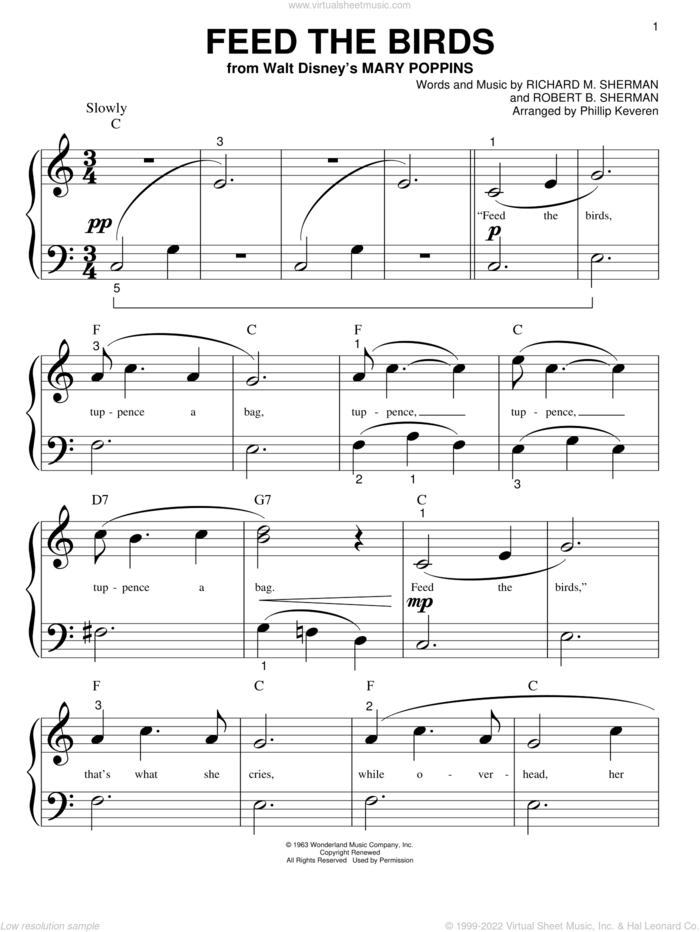 Feed The Birds (Tuppence A Bag) (from Mary Poppins) (arr. Phillip Keveren) sheet music for piano solo (big note book) by Sherman Brothers, Phillip Keveren, Richard M. Sherman and Robert B. Sherman, easy piano (big note book)