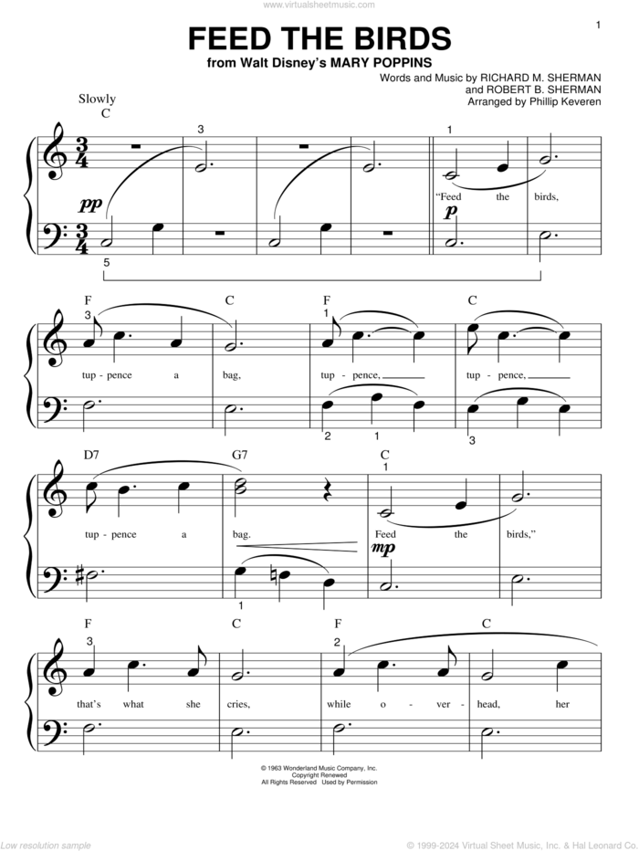 Feed The Birds (Tuppence A Bag) (from Mary Poppins) (arr. Phillip Keveren) sheet music for piano solo (big note book) by Sherman Brothers, Phillip Keveren, Richard M. Sherman and Robert B. Sherman, easy piano (big note book)