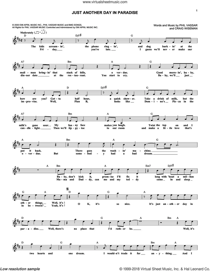 Just Another Day In Paradise sheet music for voice and other instruments (fake book) by Phil Vassar and Craig Wiseman, intermediate skill level