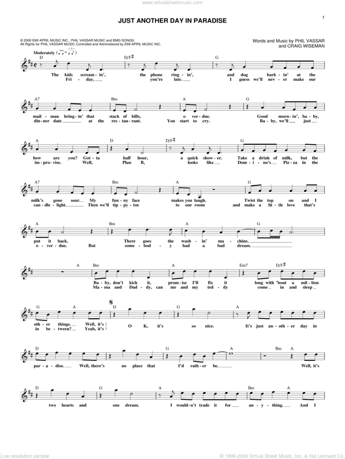 Just Another Day In Paradise sheet music for voice and other instruments (fake book) by Phil Vassar and Craig Wiseman, intermediate skill level