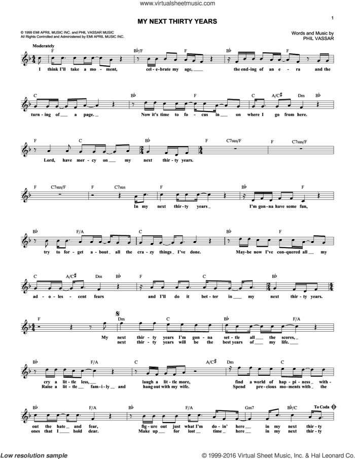 My Next Thirty Years sheet music for voice and other instruments (fake book) by Tim McGraw and Phil Vassar, intermediate skill level