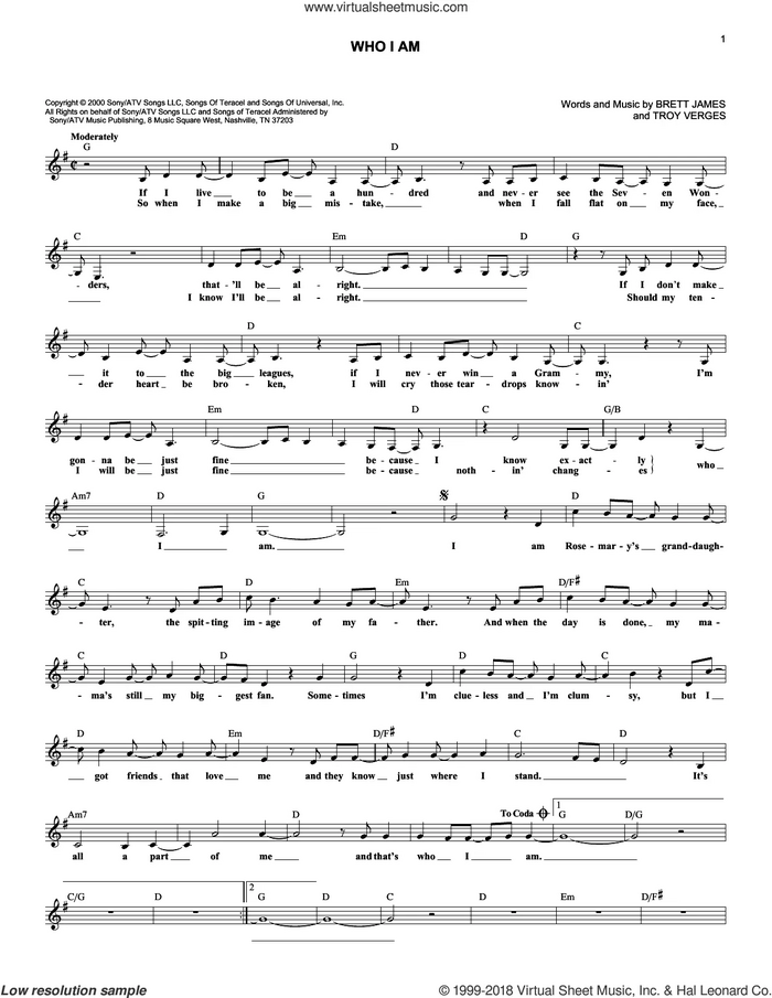 Who I Am sheet music for voice and other instruments (fake book) by Jessica Andrews, Brett James and Troy Verges, intermediate skill level