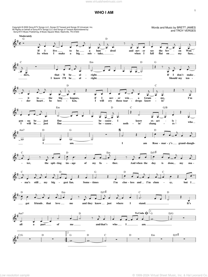 Who I Am sheet music for voice and other instruments (fake book) by Jessica Andrews, Brett James and Troy Verges, intermediate skill level