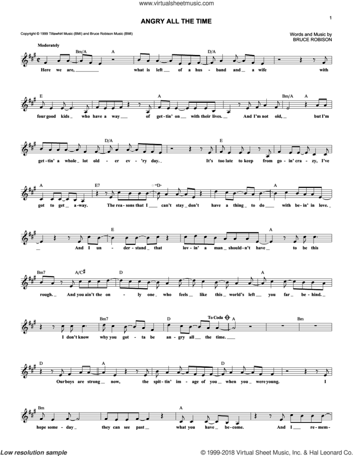 Angry All The Time sheet music for voice and other instruments (fake book) by Tim McGraw and Bruce Robison, intermediate skill level