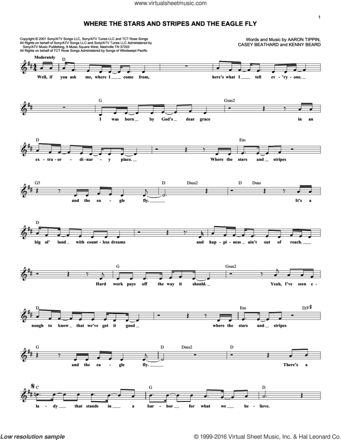 Where The Stars And Stripes And The Eagle Fly sheet music for voice and other instruments (fake book) by Aaron Tippin, Casey Beathard and Kenny Beard, intermediate skill level