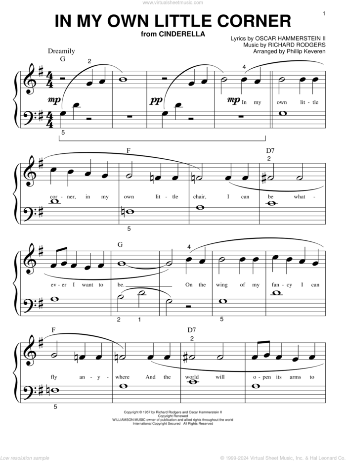 In My Own Little Corner (from Cinderella) (arr. Phillip Keveren) sheet music for piano solo (big note book) by Rodgers & Hammerstein, Phillip Keveren, Cinderella (Musical), Oscar II Hammerstein and Richard Rodgers, easy piano (big note book)