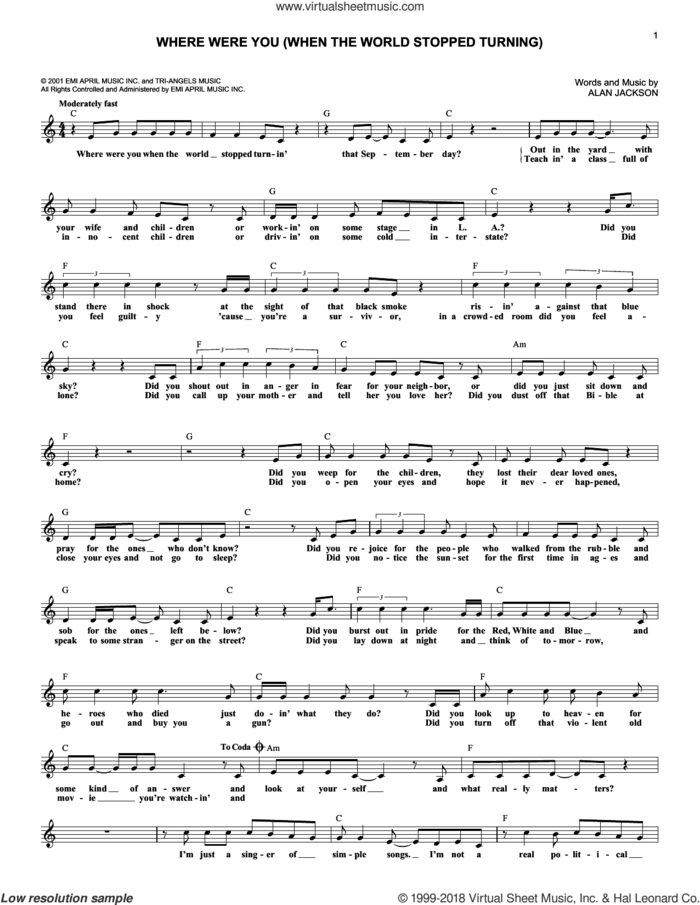 Where Were You (When The World Stopped Turning) sheet music for voice and other instruments (fake book) by Alan Jackson, intermediate skill level