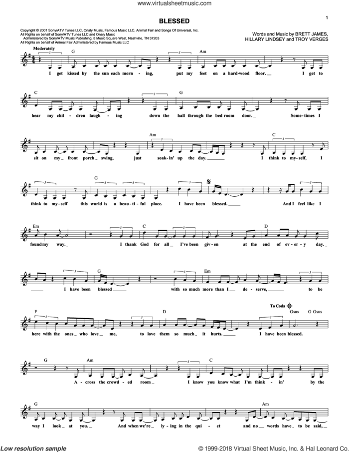 Blessed sheet music for voice and other instruments (fake book) by Martina McBride, Brett James, Hillary Lindsey and Troy Verges, intermediate skill level