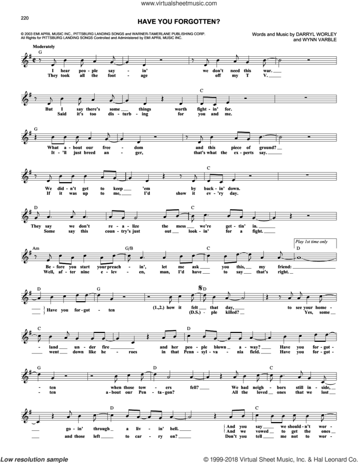 Have You Forgotten? sheet music for voice and other instruments (fake book) by Darryl Worley and Wynn Varble, intermediate skill level