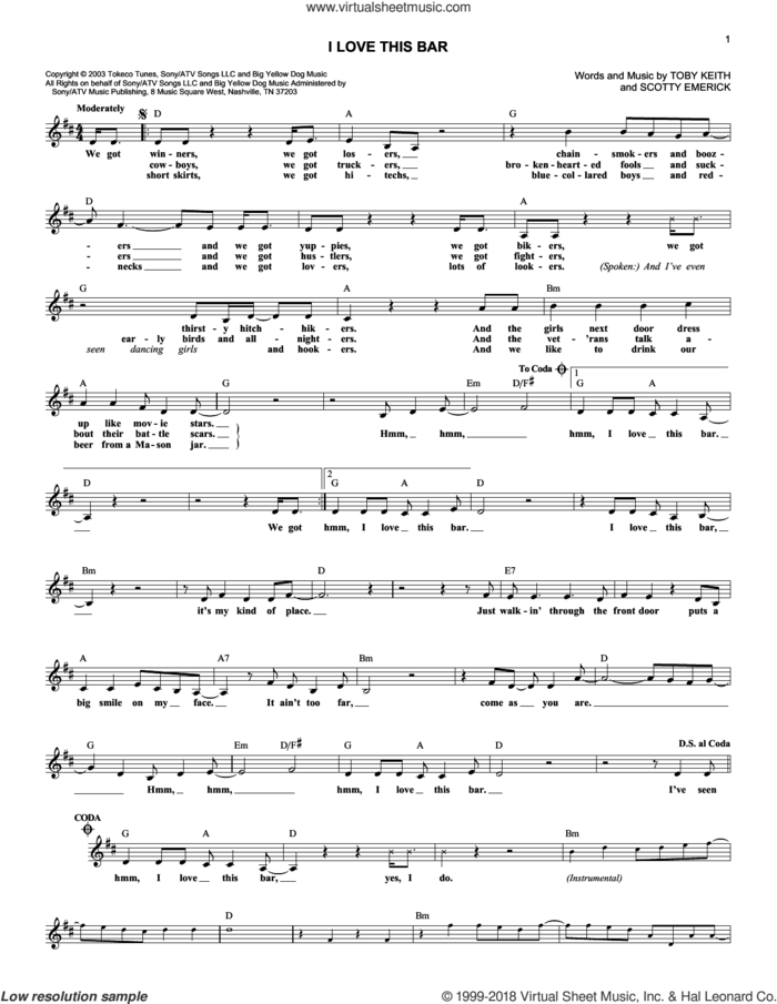 I Love This Bar sheet music for voice and other instruments (fake book) by Toby Keith and Scotty Emerick, intermediate skill level