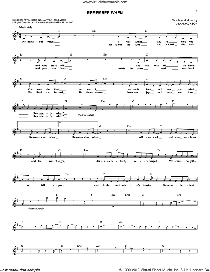 Remember When sheet music for voice and other instruments (fake book) by Alan Jackson, intermediate skill level