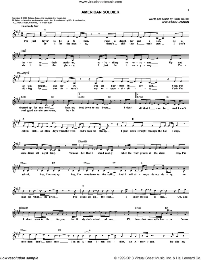 American Soldier sheet music for voice and other instruments (fake book) by Toby Keith and Chuck Cannon, intermediate skill level