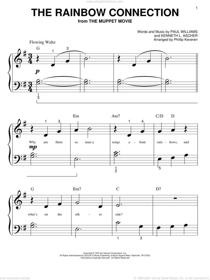 The Rainbow Connection (arr. Phillip Keveren) sheet music for piano solo (big note book) by Kermit The Frog, Phillip Keveren, The Muppets, Willie Nelson, Kenneth L. Ascher and Paul Williams, easy piano (big note book)