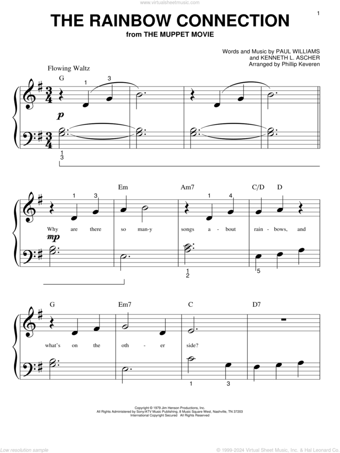 The Rainbow Connection (arr. Phillip Keveren) sheet music for piano solo (big note book) by Kermit The Frog, Phillip Keveren, The Muppets, Willie Nelson, Kenneth L. Ascher and Paul Williams, easy piano (big note book)