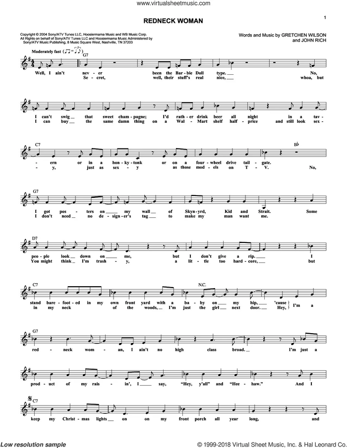 Redneck Woman sheet music for voice and other instruments (fake book) by Gretchen Wilson and John Rich, intermediate skill level