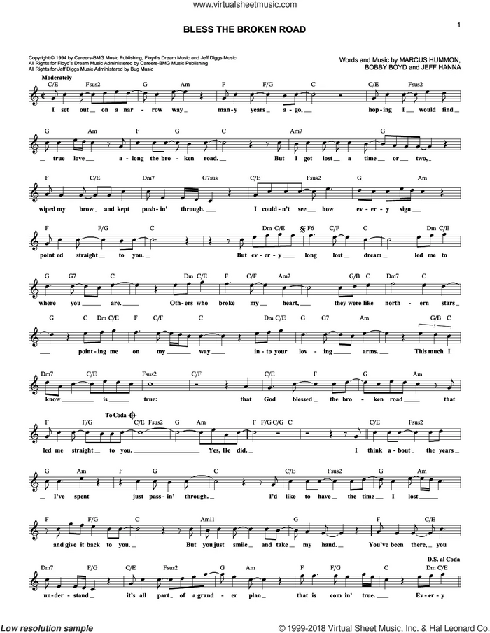 Bless The Broken Road sheet music for voice and other instruments (fake book) by Rascal Flatts, Bobby Boyd, Jeffrey Hanna and Marcus Hummon, wedding score, intermediate skill level