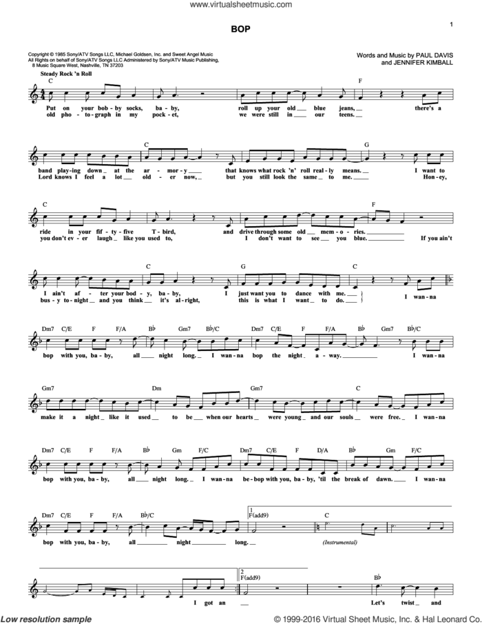 Bop sheet music for voice and other instruments (fake book) by Dan Seals, Jeniifer Kimball and Paul Davis, intermediate skill level