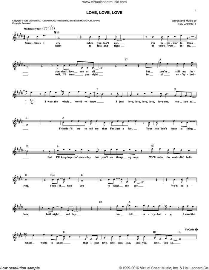 Love, Love, Love sheet music for voice and other instruments (fake book) by Webb Pierce and Ted Jarrett, intermediate skill level