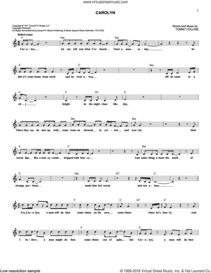 Carolyn sheet music for voice and other instruments (fake book) by Merle Haggard and Tommy Collins, intermediate skill level