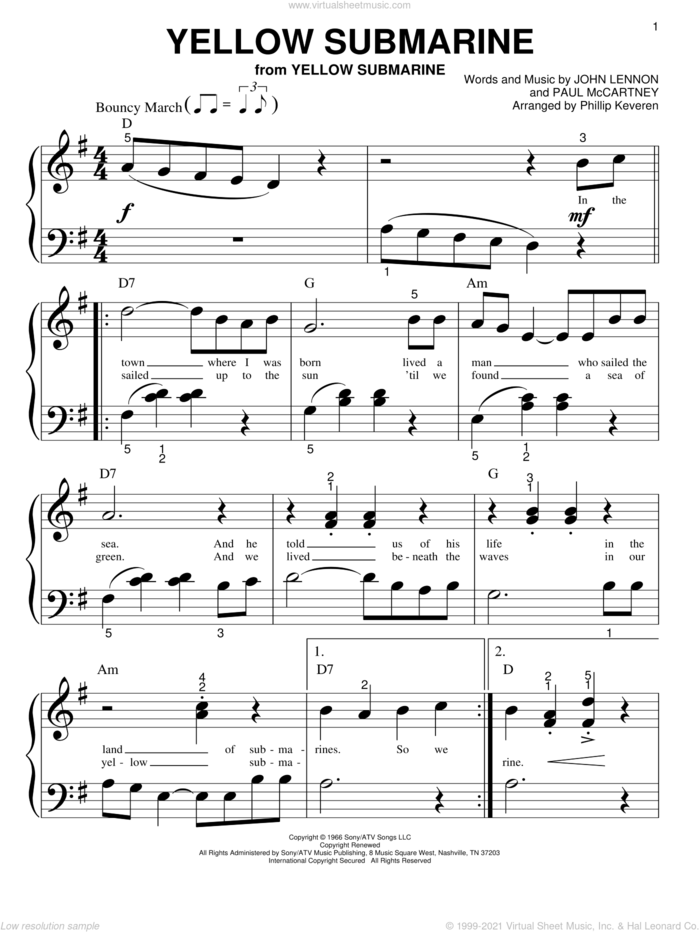 Yellow Submarine (arr. Phillip Keveren) sheet music for piano solo (big note book) by The Beatles, Phillip Keveren, John Lennon and Paul McCartney, easy piano (big note book)