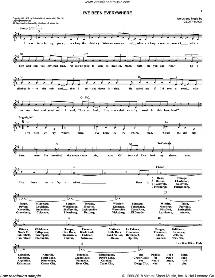 I've Been Everywhere sheet music for voice and other instruments (fake book) by Hank Snow and Geoff Mack, intermediate skill level