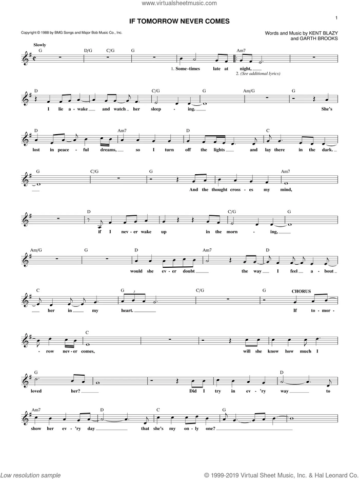 If Tomorrow Never Comes sheet music for voice and other instruments (fake book) by Garth Brooks and Kent Blazy, intermediate skill level